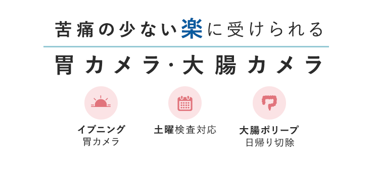 苦痛の少ない楽に受けられる胃カメラ・大腸カメラ イブニング胃カメラ/土曜検査対応/大腸ポリープ日帰り切除